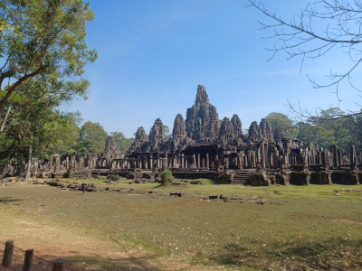 Panoramic View of Bayon Temple Panoramic view of Bayon Temple, showcasing its iconic stone faces and surroundings