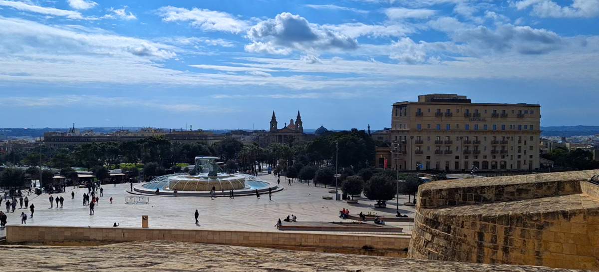Panoramic View with Kastilja Waterfall – Valletta, Malta Panorama featuring Kastilja Waterfall in Valletta, Malta