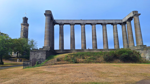 Nelson Tower on Calton Hill, Edinburgh, showcasing its distinctive architecture against the sky