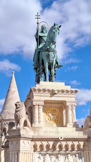 Statue of Saint Stephen on a horse near St. Stephen's Cathedral in Budapest