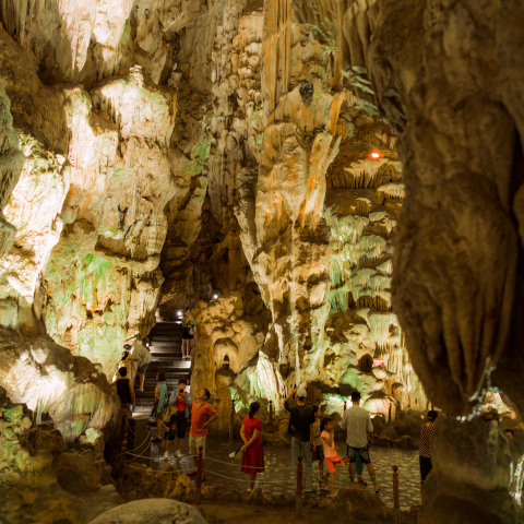 Inside view of a cave in Ha Long Bay with unique rock formations