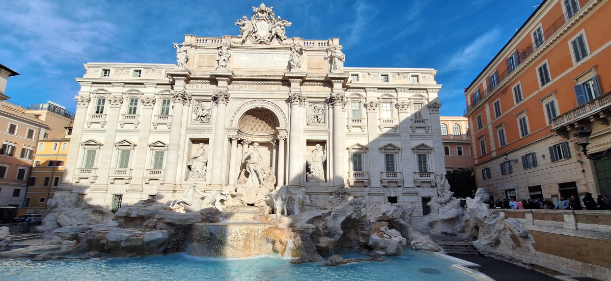 Trevi Fountain Panoramic View – Rome, Italy Panoramic view of the Trevi Fountain in Rome with tourists