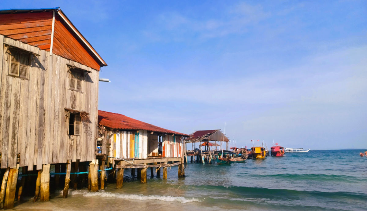 Charming Wooden Buildings at Koh Touch Pier Wooden buildings lining the pier at Koh Touch in Cambodia