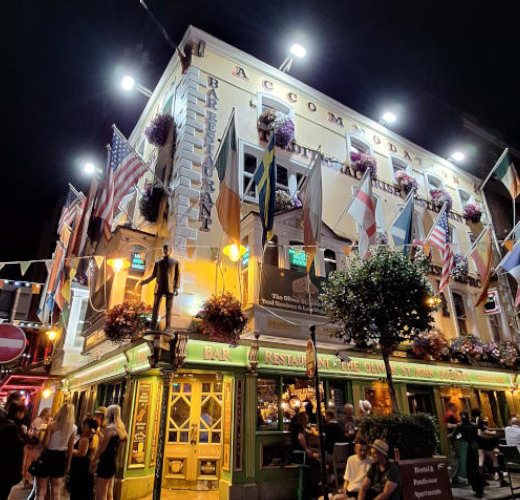 Dublin bar illuminated at night