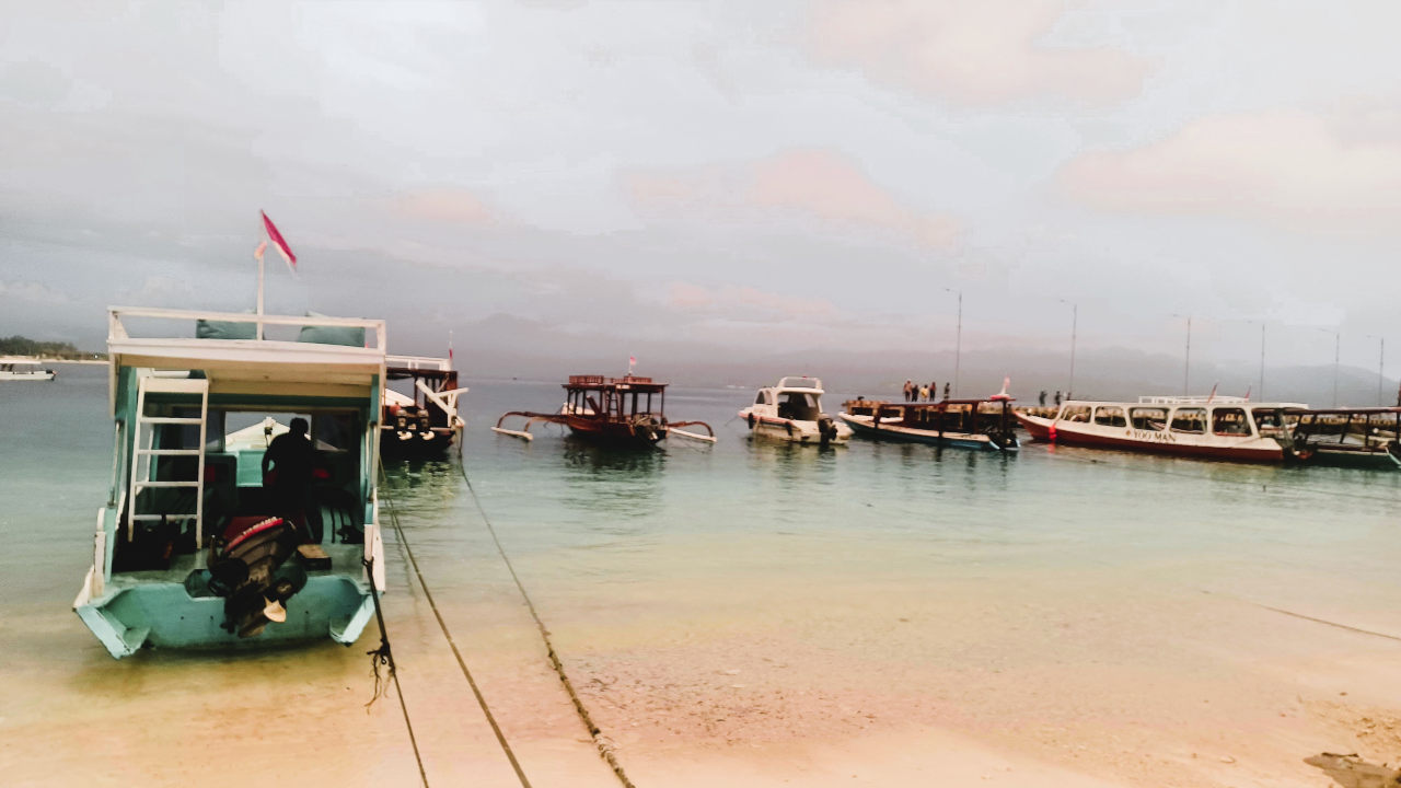 Moored Boats at Turtle Point, Gili Trawangan Calm waters at Turtle Point in Gili Trawangan with numerous boats moored