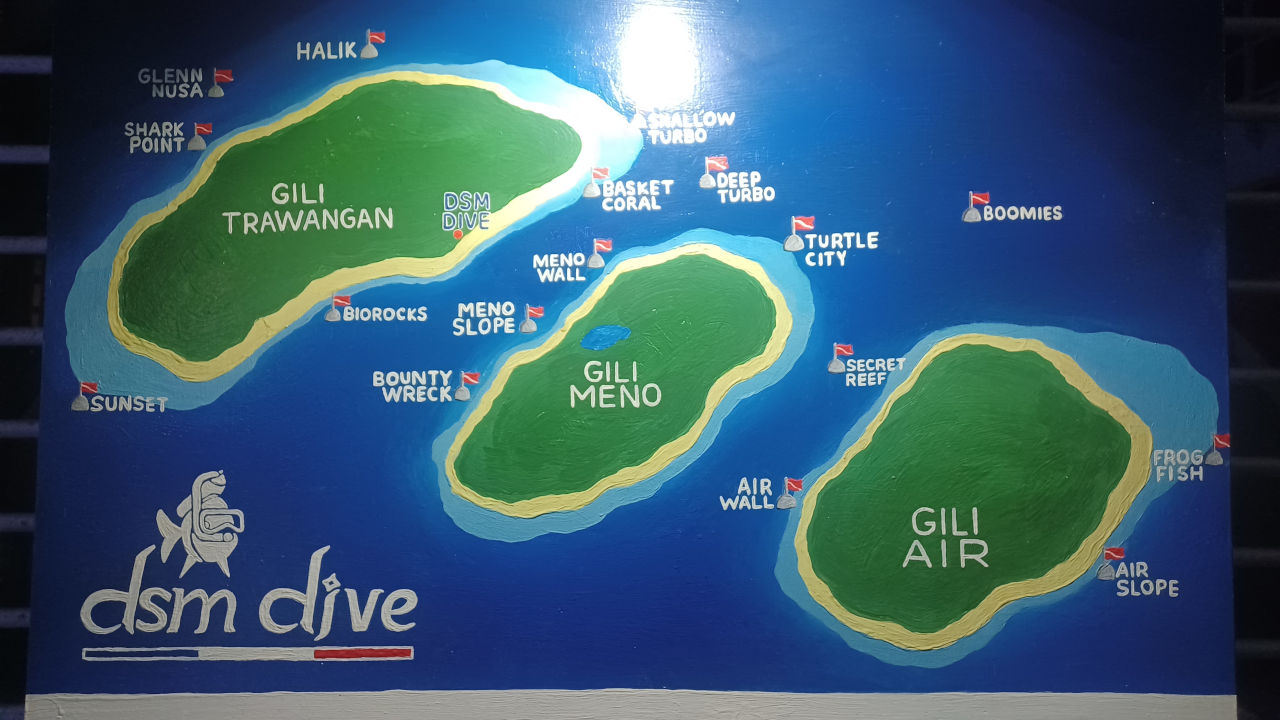 Sign Showing Gili Islands: Trawangan, Meno, and Air Large sign displaying the three islands: Gili Trawangan, Gili Meno, and Gili Air