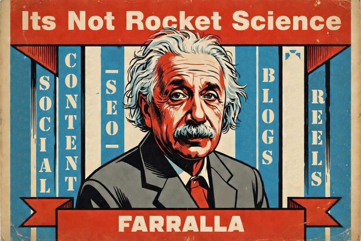 It's not rocket science. farralla postcard style image featuring Albert Einstein image in a cartoon style.