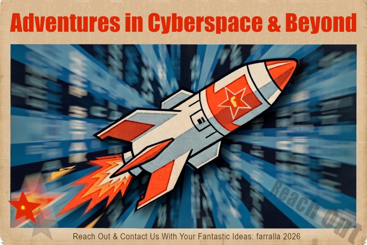 Bright coloured rocket in cyberspace with farralla branding